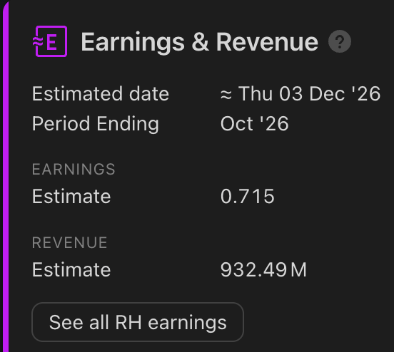 RH earnings card showing an estimated December 3 2026 earnings date