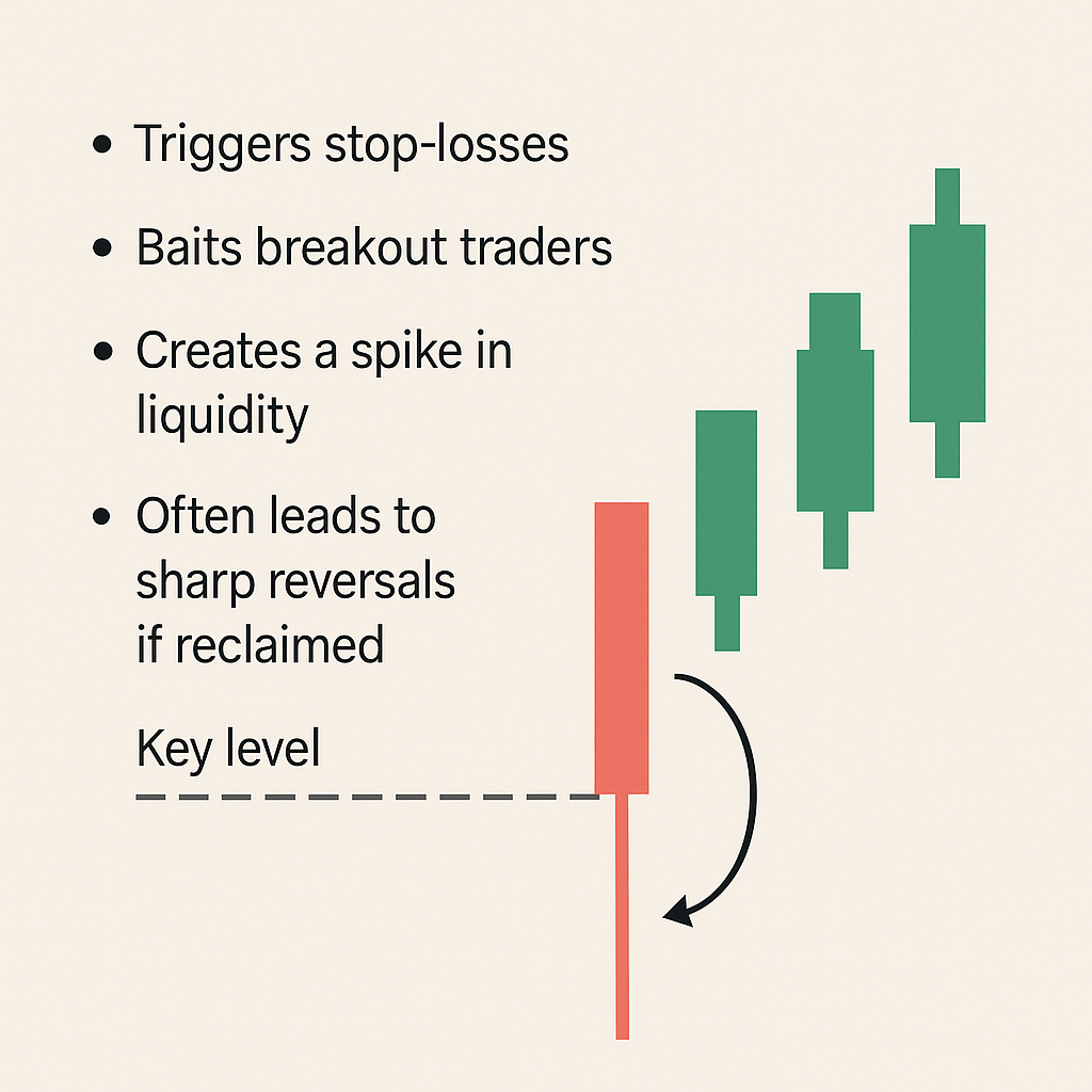 Illustration of price moving below a prior low and then reclaiming the level