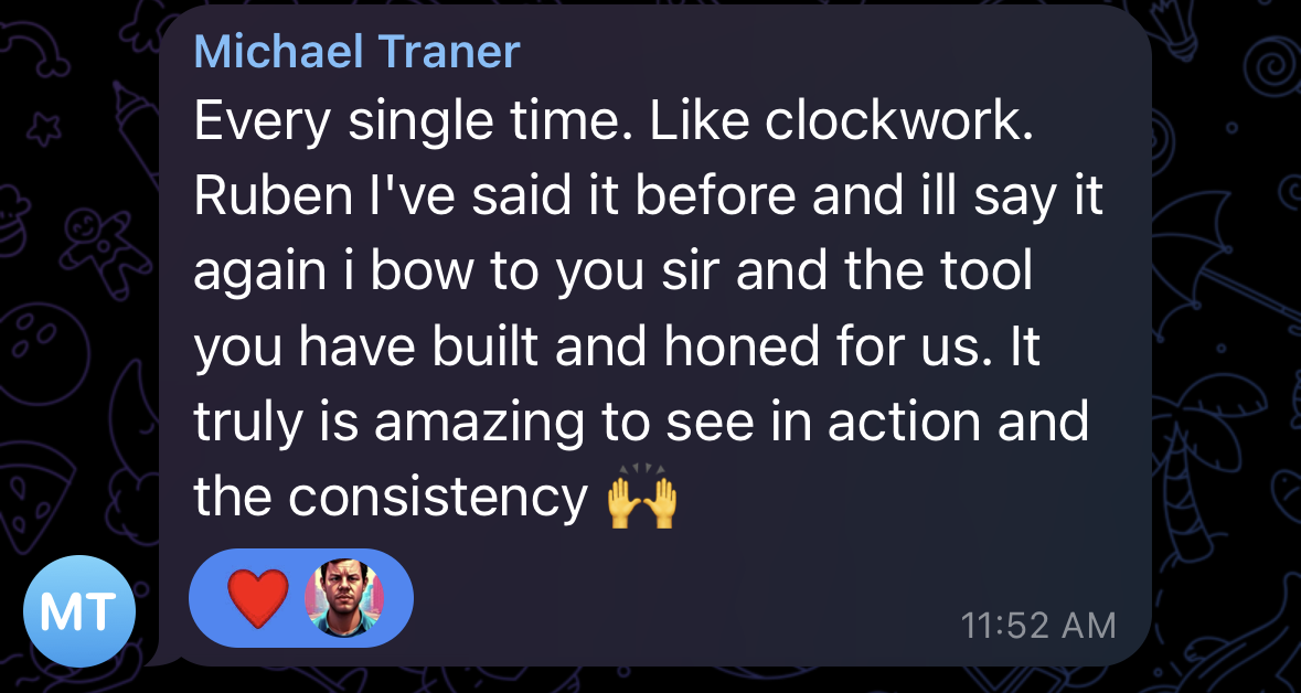 Message from trader Michael Traner saying Eden’s levels work “Every single time. Like clockwork” and praising their consistency.