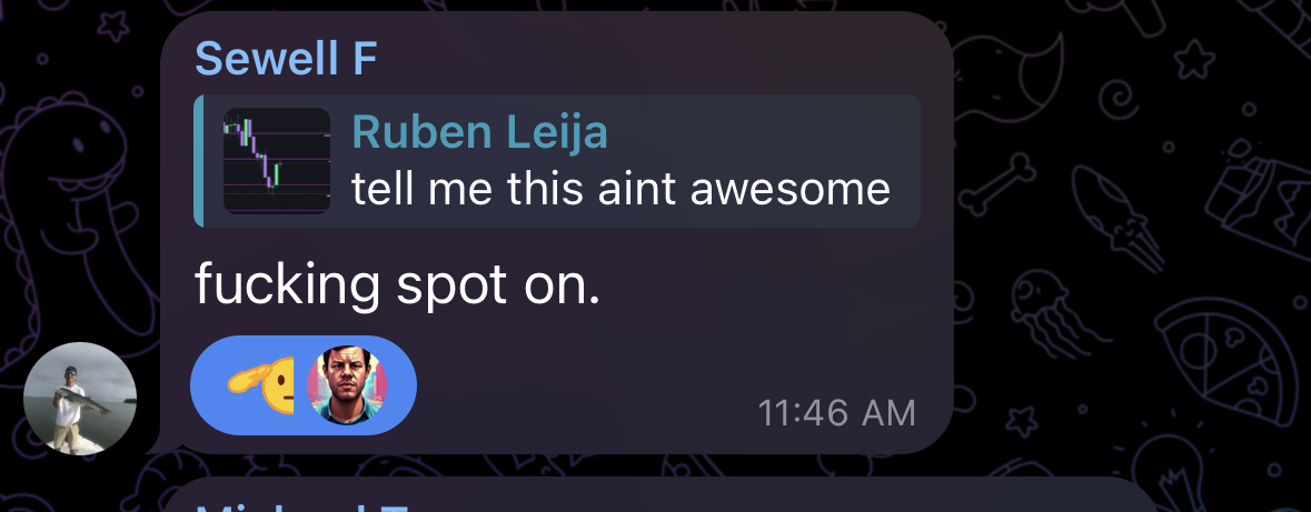 Message from trader Sewell F describing an Eden level as “fucking spot on.”